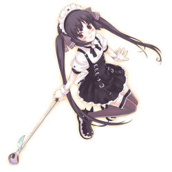 1girl :d belt black_bow black_bowtie black_shoes black_thighhighs blouse blunt_bangs blush bow bowtie buckle female_focus flat_chest frilled_thighhighs frills full_body golf_club high-waist_skirt holding holding_wand idolmaster idolmaster_(classic) idolmaster_1 kooh lingerie long_hair looking_at_viewer maid_headdress nyaou open_mouth pangya puffy_sleeves red_eyes shirt shoes skirt smile solo thighhighs twintails underwear very_long_hair wand white_shirt wrist_cuffs zettai_ryouiki