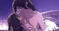 2girls bathtub blue_eyes breast_press breasts brown_hair collarbone commentary english_commentary hand_on_another&#039;s_shoulder highres large_breasts long_hair multiple_girls original ossan_jololol parted_lips partially_submerged same-sex_bathing shared_bathing smile wet yuri
