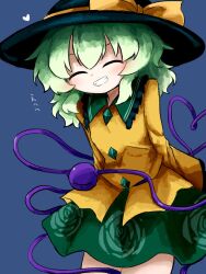 1girl black_hat buttons closed_eyes diamond_button eyeball floral_print frilled_shirt_collar frilled_sleeves frills green_hair green_skirt hat hat_ribbon heart heart_of_string heripantomorrow komeiji_koishi ribbon rose_print shirt skirt smile third_eye touhou translation_request wide_sleeves yellow_ribbon yellow_shirt