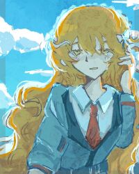 1girl black_coat blue_sky bow cloud cloudy_sky coat collared_shirt crossed_bangs grin hair_bow headband highres ishmael_(project_moon) lcb_uniform_(project_moon) limbus_company long_hair multiple_hair_bows necktie neuronolc open_mouth orange_hair playing_with_own_hair project_moon red_necktie shirt sky smile solo upper_body very_long_hair white_shirt yellow_eyes