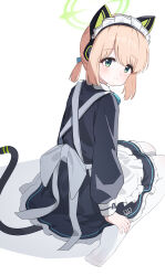 1girl absurdres animal_ear_headphones animal_ears apron aqua_bow aqua_bowtie astnya back_bow black_dress black_tail blonde_hair blue_archive blush bow bowtie cat_ear_headphones cat_ears cat_tail chinese_commentary closed_mouth collared_dress commentary contrast_collar dress fake_animal_ears fake_tail frilled_apron frilled_dress frills green_eyes green_halo hair_bow halo hand_on_own_foot headphones highres long_sleeves looking_at_viewer looking_back maid maid_apron midori_(blue_archive) midori_(maid)_(blue_archive) no_shoes number_print official_alternate_costume official_alternate_hairstyle pantyhose parted_bangs ponytail puffy_long_sleeves puffy_sleeves shadow short_hair short_ponytail sidelocks simple_background sitting smile soles solo split_mouth tail turning_head wariza white_apron white_background white_bow white_pantyhose