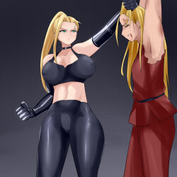 1boy 1girl blonde_hair boots cammy_white commission corruption covered_erect_nipples dark_persona femdom highres ken_masters pixiv_commission restrained reverse_ryona sin_(pixiv17875500) street_fighter tagme torture