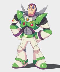 Rule 34 | 1boy, armor, buzz lightyear, facial mark, forehead jewel, full body, green armor, highres, male focus, mega man (series), mega man x (series), no eyebrows, sigma (mega man), simple background, smirk, solo, surrealmason, toy story, white background
