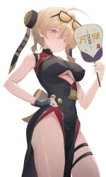 Rule 34 | 1girl, absurdres, ahoge, black dress, black gloves, blonde hair, blush, breasts, china dress, chinese clothes, closed mouth, commentary request, covered erect nipples, cowboy shot, cutout above navel, dress, eyewear on head, fingerless gloves, gloves, hair intakes, hand fan, hand on own hip, headgear, highres, holding, holding fan, large breasts, looking at viewer, pelvic curtain, pink eyes, short hair, simple background, single fingerless glove, smile, solo, sunglasses, sweety (zenless zone zero), szai, thighs, tinted eyewear, tuanshan, white background, yellow-tinted eyewear, zenless zone zero