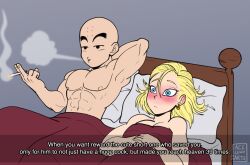 1boy 1girl abs acelewdarts aftersex android_18 bald bald_male bed blonde_hair blue_eyes blush breasts cleavage couple dragon_ball embarrassed english_text husband_and_wife kuririn muscular muscular_male nipples pectorals smoking