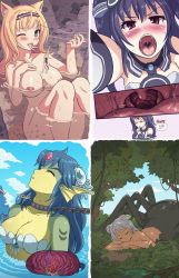 6+girls absurdres animal_ears arthropod_girl between_breasts blonde_hair breasts cat_ears cat_girl closed_eyes colored_skin felarya giant giantess giga_mermaid green_skin highres insect_girl karbo large_breasts multiple_girls neptune_(series) nipples nude open_mouth oralia partially_submerged person_between_breasts saliva shantae shantae_(series) sleeping spider_girl swallowing throat_bulge uni_(neptunia) uvula vore water