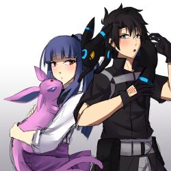 1boy 1girl absurdres alternate_color asagami_fujino asagami_fujino_(second_ascension) black_hair blue_eyes command_spell crossover espeon fate/grand_order fate_(series) fujimaru_ritsuka_(male) fujimaru_ritsuka_(male)_(polar_chaldea_uniform) gen_2_pokemon highres kara_no_kyoukai ludook nintendo pokemon ponytail purple_hair red_eyes shiny_pokemon short_hair tagme umbreon