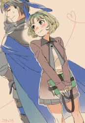 1boy 1girl bandana black_hair blonde_hair blush brown_hair cape closed_mouth flik_(suikoden) gensou_suikoden gensou_suikoden_ii gloves headband multicolored_hair nina_(suikoden) short_hair simple_background skirt smile two-tone_hair yukataro