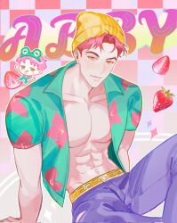 1boy abby_(kpop_demon_hunters) abs beanie belt chibi collarbone cowboy_shot english_text food fruit hat hawaiian_shirt highres kpop_demon_hunters looking_at_viewer luxu804 male_focus muscular muscular_male open_clothes open_shirt pants parted_bangs pectorals pink_hair purple_pants shirt short_hair solo strawberry yellow_belt yellow_eyes yellow_hat
