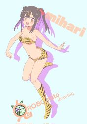 1girl :d animal_print artist_name bare_arms bare_shoulders bikini black_hair blue_background boots breasts brown_eyes character_name cleavage colored_inner_hair commentary cone_horns copyright_name corrupted_twitter_file cosplay english_text full_body hair_ornament hairclip highres horns knee_boots light_blush long_hair looking_at_viewer lum lum_(cosplay) medium_breasts multicolored_hair navel onii-chan_wa_oshimai! open_mouth oyama_mihari print_bikini print_boots purple_hair robomito setsubun simple_background smile solo stomach strapless strapless_bikini swimsuit tiger_print twintails two-tone_hair urusei_yatsura