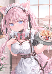 1girl absurdres animal_ears blush bow bowtie breasts cleavage closed_mouth day dress hakui_koyori hakui_koyori_(dark_maid) highres holding holding_tray hololive indoors large_breasts long_hair looking_at_viewer maid maid_headdress pink_bow pink_bowtie pink_dress pink_hair purple_eyes short_sleeves smile solo tray tsumugi-t virtual_youtuber window wolf_ears wolf_girl