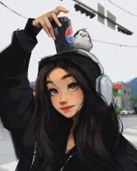 1girl animal animal_on_head bird bird_on_head black_jacket black_shirt brown_eyes brown_hair building can can_on_head car commentary crosswalk drink_can english_commentary fingernails hair_between_eyes hair_over_shoulder headphones highres holding holding_can hood hood_up hooded_jacket jacket lipstick long_hair long_sleeves looking_up makeup motor_vehicle neon_trim on_head open_clothes open_jacket original outdoors overcast parted_bangs pepsi pepsi_black portrait power_lines puffy_long_sleeves puffy_sleeves sam_yang shirt sky smile soda_can solo traffic_light tree v-neck zipper