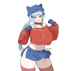 1girl bare_shoulders blue_gloves blue_hat blue_skirt breasts choker clenched_hands clenched_teeth cool_mita_(miside) cool_mita_(miside)_(cosplay) cosplay cowboy_shot crop_top crop_top_overhang d5y0m fake_horns girls&#039;_frontline girls&#039;_frontline_2:_exilium gloves green_eyes hands_up hat highres hk416_(girls&#039;_frontline) horned_hat horns huge_breasts klukai_(girls&#039;_frontline_2) long_hair long_sleeves looking_at_viewer low_ponytail midriff miniskirt miside mita_(miside) navel newsboy_cap off-shoulder_sweater off_shoulder pleated_skirt ponytail red_choker red_sweater red_thighhighs ribbon_choker side_slit simple_background skirt solo stomach sweater teeth thighhighs white_background white_hair zettai_ryouiki