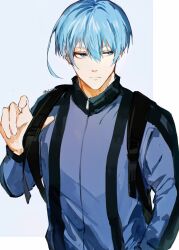 1boy absurdres backpack bag blue_eyes blue_hair blue_lock closed_mouth hair_between_eyes highres jacket looking_to_the_side male_focus red_0217 short_hair simple_background solo standing track_jacket twitter_username upper_body you_hiori