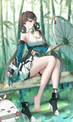 1girl absurdres ankle_belt bare_shoulders black_gloves breasts brown_hair china_dress chinese_clothes closed_mouth detached_sleeves dress fingerless_gloves full_body gloves highres holding holding_umbrella honkai_(series) honkai_impact_3rd jingwei_(bird) large_breasts li_sushang li_sushang_(peregrine_sword) long_hair long_sleeves looking_at_viewer low_twintails medium_breasts official_alternate_costume outdoors shoes single_bare_foot single_glove sitting smile solo thigh_strap twintails umbrella unworn_shoes ying_ling
