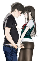 1boy 1girl absurdres bar_censor black_hair black_pantyhose black_shirt blunt_bangs blush brown_eyes censored clothes_pull commission erection faceless faceless_male facing_another fingering fingering_through_clothes fingering_through_panties handjob highres hime_cut medium_penis moonsorrow mutual_masturbation no_pants open_mouth original panties panties_under_pantyhose pants pants_pull pantyhose penis pixiv_commission plaid_clothes plaid_vest sailor_collar school_uniform shirt short_sleeves smile standing sweat thighband_pantyhose through_clothes underwear vest white_panties white_sailor_collar white_shirt