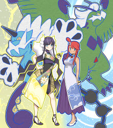 2girls absurdres black_hair blue_dress blue_eyes blue_outline claws colored_sclera dress electricity elesa_(pokemon) elesa_(sygna_suit)_(alt.)_(pokemon) gen_5_pokemon high_heels highres holding holding_poke_ball legendary_pokemon looking_at_viewer multiple_girls nintendo noto-kanna official_alternate_costume outline poke_ball pokemon pokemon_(creature) pokemon_masters_ex red_hair skyla_(anniversary_2022)_(pokemon) skyla_(pokemon) standing thundurus thundurus_(therian) tornadus tornadus_(therian) ultra_ball yellow_sclera