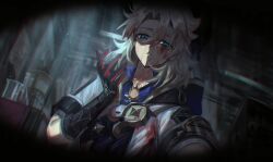 1boy absurdres albedo_(genshin_impact) beaker black_gloves blonde_hair blood blood_in_hair blood_on_clothes blood_on_face blue_eyes blue_shirt coat collared_shirt commentary erlenmeyer_flask flask genshin_impact gloves hair_between_eyes hand_up highres hood hood_down hooded_coat indoors light_particles looking_at_viewer male_focus march_rly medium_hair open_clothes open_coat parted_bangs parted_lips pov red_gloves shirt short_sleeves solo symbol-only_commentary table two-tone_gloves upper_body vignetting vision_(genshin_impact) white_coat