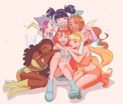 6+girls ahoge aisha_(winx_club) aqua_eyes aqua_shorts armlet arms_around_neck artist_name asian asymmetrical_hair asymmetrical_shirt bare_legs bare_shoulders block_heels blonde_hair bloom_(winx_club) blue_arm_warmers blue_boots blue_shirt blue_skirt blue_sleeves blue_wings blunt_bangs blunt_ends boots bracelet brown_eyes brown_hair chest_jewel closed_mouth commentary covered_collarbone dark-skinned_female dark_skin dress elbow_gloves english_commentary eyelashes fairy fairy_wings flora_(winx_club) freckles full_body gem glitter gloves green_boots green_gemstone green_hairband green_shirt green_skirt green_wings grin group_hug hair_between_eyes hair_tubes hairband hand_on_another&#039;s_arm happy headphones high_heel_boots high_heels highres hood hood_up hooded_leotard hug jewelry kneeling knees leotard light_blush lipstick long_hair looking_at_viewer magical_girl makeup midriff miniskirt multiple_girls musa_(winx_club) navel o-ring one_eye_closed open_mouth orange_boots orange_hair orange_shirt orange_shorts pink_dress pink_gloves pink_hair pink_lips pointing pointing_up purple_hair purple_leotard shadow sharpteething shirt short_hair short_shorts short_twintails shorts shorts_under_skirt simple_background single_strap sitting skirt skirt_set smile sparkle stella_(winx_club) tecna_(winx_club) teeth thick_eyebrows turtleneck turtleneck_shirt twintails very_dark_skin very_long_hair w wavy_hair white_background wings winx_club yellow_gemstone