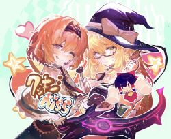 3girls alice_margatroid ascot black_hair black_hat blonde_hair blue_background bois_de_justice bow capelet commentary_request cookie_(touhou) cup detached_sleeves dies_irae dress frilled_hair_tubes frilled_hairband frills full_body glasses hair_bow hair_tubes hairband hakurei_reimu hat highres hinase_(cookie) kaiten_gunshuu_no_kage kirisame_marisa mini_person minigirl multiple_girls necktie open_mouth orange_hair red-framed_eyewear red_bow red_dress red_eyes red_hairband red_necktie sakenomi_(cookie) shinza_bansho_series shirt short_hair touhou triangle_mouth uzuki_(cookie) v-shaped_eyes white_capelet white_shirt white_sleeves witch_hat yellow_ascot yellow_eyes yunomi