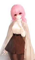 1girl absurdres belt boong0619 brown_coat brown_pantyhose brown_skirt coat coat_on_shoulders commentary_request commission finger_to_mouth glasses hand_up high-waist_skirt highres korean_commentary long_hair long_sleeves looking_at_viewer low_twintails original pantyhose pink_hair red_eyes round_eyewear shirt shirt_tucked_in skirt smile solo twintails white_shirt
