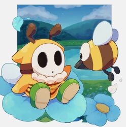 1boy antennae bee_boy blue_flower boots flower grass green_boots highres looking_at_another male_focus mario_(series) mofupoyo nintendo outdoors robe shy_guy sitting solo stingby water white_mask wings yellow_robe