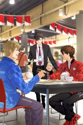 Rule 34 | 2020 summer olympics, 3boys, ace of diamond, asics, black footwear, black hair, black pants, blonde hair, blue jacket, brown hair, chair, chopsticks, closed eyes, collared shirt, crossover, eating, food, formal clothes, free!, glasses, grey pants, haikyuu!!, heise wanbaolu, highres, holding, holding tray, jacket, kuroo tetsurou, male focus, miyuki kazuya, multiple boys, necktie, olympics, on chair, open mouth, pants, poru bm, red footwear, red jacket, red necktie, shirt, sitting, smile, suit, table, tachibana makoto, track jacket, track pants, track suit, tray, white shirt