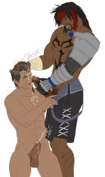 2boys absurdres anal auron bara cum cum_on_body ejaculation erection facial final_fantasy final_fantasy_x hand_on_head highres jecht male_focus male_penetrated multiple_boys orgasm penis scar sex tattoo yaoi