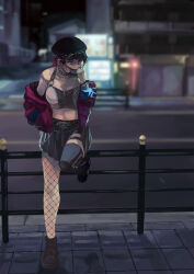 Rule 34 | 1girl, adjusting mask, against railing, asymmetrical legwear, black hat, black mask, black shoes, black skirt, black thighhighs, breasts, newsboy cap, chain, chain necklace, choker, crop top, diagonal bangs, ear piercing, earrings, full body, hand up, hat, highres, idolmaster, idolmaster shiny colors, jacket, jewelry, leg up, mask, medium breasts, midriff, miniskirt, mismatched legwear, mouth mask, navel, necklace, night, off shoulder, otsudou, piercing, pleated skirt, purple eyes, purple hair, purple jacket, railing, road, shoes, single fishnet legwear, single thighhigh, skirt, solo, street, studded choker, thighhighs