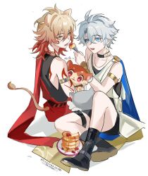 2boys ancient_greek_clothes animal_ears antenna_hair armlet black_choker black_shirt black_shoes black_shorts blonde_hair blue_cape blue_eyes braid cape chimera_(honkai:_star_rail) chinese_commentary chiton choker commentary_request fork gradient_hair greco-roman_clothes hair_between_eyes highres holding holding_fork honkai:_star_rail honkai_(series) jewelry lion_boy lion_ears lion_tail male_focus medium_hair multicolored_hair multiple_boys mydei_(honkai:_star_rail) open_mouth phainon_(honkai:_star_rail) red_cape red_hair shirt shoes short_hair shorts side_braid simple_background sleeveless sleeveless_shirt sun_symbol sun_tattoo tail tan twitter_username vambraces watermark white_background xiaozongcai521