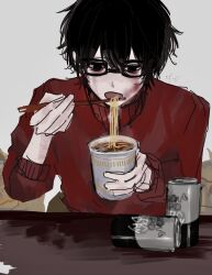 Rule 34 | 1boy, absurdres, bags under eyes, black eyes, breath, can, chopsticks, crying, crying with eyes open, cup, cup ramen, daaade888, drink can, eating, flustered, food, glasses, grey background, hair between eyes, highres, holding, holding cup, looking at object, male focus, messy hair, multiple scars, noodles, original, red sweater, scar, scar on arm, sidelocks, solo, soup, sweater, table, tears, upper body, wrist cutting