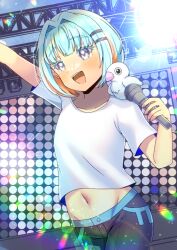 1girl :d arm_up black_pants blue_hair blush brown_hair collarbone commentary_request commission copyright_request crop_top grey_eyes groin hair_ornament hairclip holding holding_microphone kou_hiyoyo microphone multicolored_hair navel open_mouth pants shirt short_sleeves skeb_commission smile solo streaked_hair teeth upper_teeth_only virtual_youtuber white_shirt