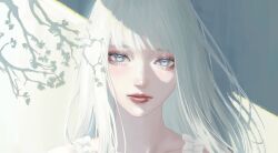 1girl absurdres aoi_machi blue_eyes closed_mouth dress highres looking_at_viewer makeup original pale_skin shadow solo tree white_background white_dress white_hair