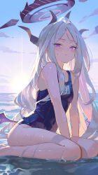 1girl absurdres black_horns blue_archive blue_one-piece_swimsuit blush breasts closed_mouth commentary_request covered_navel demon_girl demon_horns demon_wings halo highres hina_(blue_archive) hina_(swimsuit)_(blue_archive) horizon horns long_hair looking_at_viewer low_wings maria_(maria_rose) multiple_horns ocean official_alternate_costume old_school_swimsuit one-piece_swimsuit outdoors purple_eyes purple_halo purple_wings school_swimsuit small_breasts solo sunset swimsuit very_long_hair water wet wet_clothes wet_face wet_swimsuit whistle whistle_around_neck wings