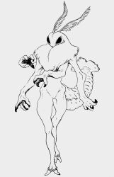 1other abdomen_tail absurdres androgynous black_eyes bug claws completely_nude extra_arms fewer_digits full_body furry greyscale hatching_(texture) highres insect lineart monochrome moth moth_antennae neck_fur nude original other_focus simple_background sketch solo tanuki_lll white_background