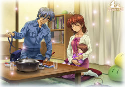 Rule 34 | 1boy, 2girls, antenna hair, baby, bag, blue eyes, blue hair, blue jumpsuit, bookshelf, brown hair, clannad, copyright name, couple, dango daikazoku, closed eyes, family, father and daughter, food, furukawa nagisa, good end, hetero, highres, husband and wife, jumpsuit, mother and daughter, multiple girls, mutsuki (moonknives), okazaki tomoya, okazaki ushio, short hair, socks, sparkle, stuffed toy, table, tatami, white legwear