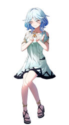 1girl :i absurdres armpit_cutout bare_legs bare_shoulders blue_hair blush closed_eyes clothing_cutout cosplay dress faruzan_(genshin_impact) faruzan_(genshin_impact)_(cosplay) food furina_(genshin_impact) genshin_impact hair_intakes highres holding holding_food sandals short_dress short_hair short_sleeves shoulder_cutout simple_background sitting solo teabaek white_background white_dress
