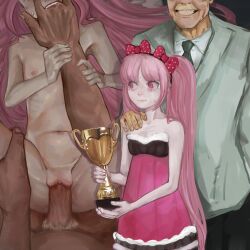 1boy 1girl age_difference bare_arms bare_legs bare_shoulders before_and_after black_dress blonde_hair bow closed_mouth collarbone crying danganronpa_(series) danganronpa_another_episode:_ultra_despair_girls dark-skinned_male dark_skin dress eyelashes fingernails fingers_in_mouth forced formal_clothes hair_bow hand_on_another&#039;s_shoulder hetero highres holding holding_trophy imaginaryiand jacket loli matching_hair/eyes multicolored_dress navel necktie nipples older_male_and_younger_female open_mouth penis pink_dress pink_eyes pink_hair polka_dot rape red_bow smile spread_legs spread_pussy standing suit suit_jacket tears traumatized trophy utsugi_kotoko what