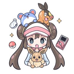 1girl animal_ears blue_eyes blue_fur blush bow brown_fur brown_hair donut_hair_bun double_bun eevee four-pointed_star gen_1_pokemon gen_2_pokemon gen_5_pokemon hair_bun happy ilovekongguksu marill mouse_ears nintendo pink_bow poke_ball pokedex pokemon pokemon_(creature) raglan_sleeves rosa_(pokemon) shell_bell tepig twintails visor_cap white_background