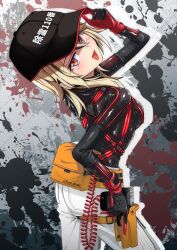 1girl :d adjusting_clothes adjusting_headwear baseball_bat belt belt_pouch black_bodysuit black_hair blonde_hair bodysuit bodysuit_under_clothes breasts cable gloves harness highres holster latex looking_at_viewer medium_breasts medium_hair multicolored_hair open_mouth original pants parazan_d pouch red_eyes red_gloves shiny_clothes skin_tight smile solo streaked_hair taser thigh_holster two-tone_hair white_pants