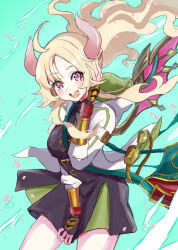 1girl black_dress black_gloves blonde_hair blue_background breasts cowboy_shot dress duel_monster ecclesia_(yu-gi-oh!) fingerless_gloves gloves green_bag highres hood hooded_jacket horns incredible_ecclesia_the_virtuous jacket long_hair looking_at_viewer medium_breasts noppe pink_eyes revision short_dress solo white_jacket wings yu-gi-oh!