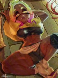 1girl arms_behind_head bike_shorts black_bra blonde_hair blush bra breasts dark-skinned_female dark_skin domino_mask fangs fish_hook_earrings frye_(splatoon) frye_(splatoon_raiders) gradient_hair half-closed_eyes highres killartzzz knee_pads long_pointy_ears lying mask medium_breasts midriff multicolored_hair navel nintendo on_back pointy_ears purple_hair red_hair shadow shawl single_knee_pad smile socks solo splatoon_(series) splatoon_raiders spread_legs sweat toeless_socks underwear white_socks yellow_shawl