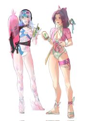 2girls animification artist_request breasts butterfly_ornament cleavage green_one-piece_swimsuit hair_ribbon highres large_breasts long_hair looking_at_viewer luna_snow luna_snow_(cool_summer) marvel marvel_rivals multiple_girls official_alternate_costume one-piece_swimsuit ponytail psylocke psylocke_(breezy_butterfly) purple_hair ribbon smile swimsuit x-men