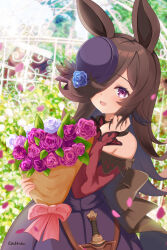 1girl animal_ears artist_name back_bow belt black_bow black_hair blue_dress blue_flower blue_hat blue_rose blurry blurry_background bouquet bow brown_belt commentary dagger day depth_of_field dress flower fur_collar garden hair_over_one_eye hat hat_flower highres holding holding_bouquet horse_ears horse_girl knife large_bow long_hair long_sleeves looking_at_viewer loose_belt off-shoulder_dress off_shoulder open_mouth outdoors purple_eyes rice_shower_(umamusume) rose sheath sheathed signature smile solo standing tilted_headwear umamusume under_hoshizora weapon
