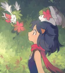 Rule 34 | 1girl, beanie, black hair, blush, breasts, commentary, dawn (pokemon), flower, flying, gen 4 pokemon, hair ornament, hairclip, hat, highres, legendary pokemon, looking up, midair, myon (myonninn), mythical pokemon, nintendo, on head, pokemon, pokemon (creature), pokemon dppt, pokemon on head, profile, red flower, red scarf, scarf, shaymin, shaymin (land), shaymin (sky), sleeveless, small breasts, symbol-only commentary
