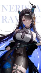 1girl absurdres bare_shoulders black_bow black_hair black_necktie black_pantyhose black_skirt bloom_muchi blue_hair bow broken_horn clothing_cutout colored_inner_hair hair_over_one_eye highres holding holding_stick hololive hololive_english horns long_hair looking_at_viewer multicolored_hair necktie nerissa_ravencroft pantyhose red_eyes shirt shoulder_cutout single_leg_pantyhose skirt solo stick thigh_strap two-tone_hair white_shirt