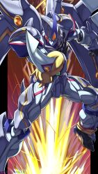 Rule 34 | 1boy, absurdres, asymmetrical dual wielding, colored skin, dual wielding, duel monster, elemental hero neos, elemental hero neos knight, green eyes, grey skin, grey wings, highres, holding, holding shield, holding sword, holding weapon, pointing, pointing at viewer, shield, solo, sword, weapon, wings, yu-gi-oh!, zealmaker
