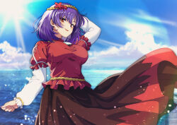 Rule 34 | 1girl, black skirt, blue sky, breasts, highres, long skirt, looking at viewer, mirror, murasaki tsutsuji, ocean, purple hair, red eyes, red shirt, shirt, short hair, skirt, sky, smile, solo, sun, touhou, wind, wind lift, yasaka kanako