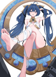 1girl ahoge arm_up bare_shoulders barefoot blue_eyes blue_hair breasts commentary_request crossed_legs feet gold_bra head_wreath highres iuno_(wuthering_waves) large_breasts looking_at_viewer open_mouth soles solo thighs toes twintails wesly2300 wuthering_waves