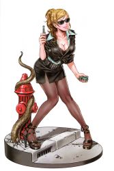 1girl absurdres agent_g belt black_bra blush bra breasts brown_hair brown_pantyhose cleavage collared_shirt crack eyelashes faux_figurine feet fingernails fire_hydrant formal_clothes full_body grate hair_over_shoulder high_heels highres holding imminent_rape jacket kneepits knees_together_feet_apart lace lace-trimmed_bra lace_trim large_breasts leaning_forward legs lingerie lips lipstick long_fingernails makeup men_in_black men_in_black_3 miniskirt nail_polish neuralyzer office_lady open_shoes outdoors pantyhose pencil_skirt ponytail road sewer_grate shadow shirt shoes side_slit sidewalk simple_background skirt skirt_suit sleeves_rolled_up smile street suit swept_bangs tentacles time_jump_device toeless_footwear toes underwear wavy_hair white_background wing_collar yamashita_shun&#039;ya